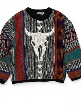 Vintage southwestern Allen wah sweater with bold cow skull graphic 🤠🖤